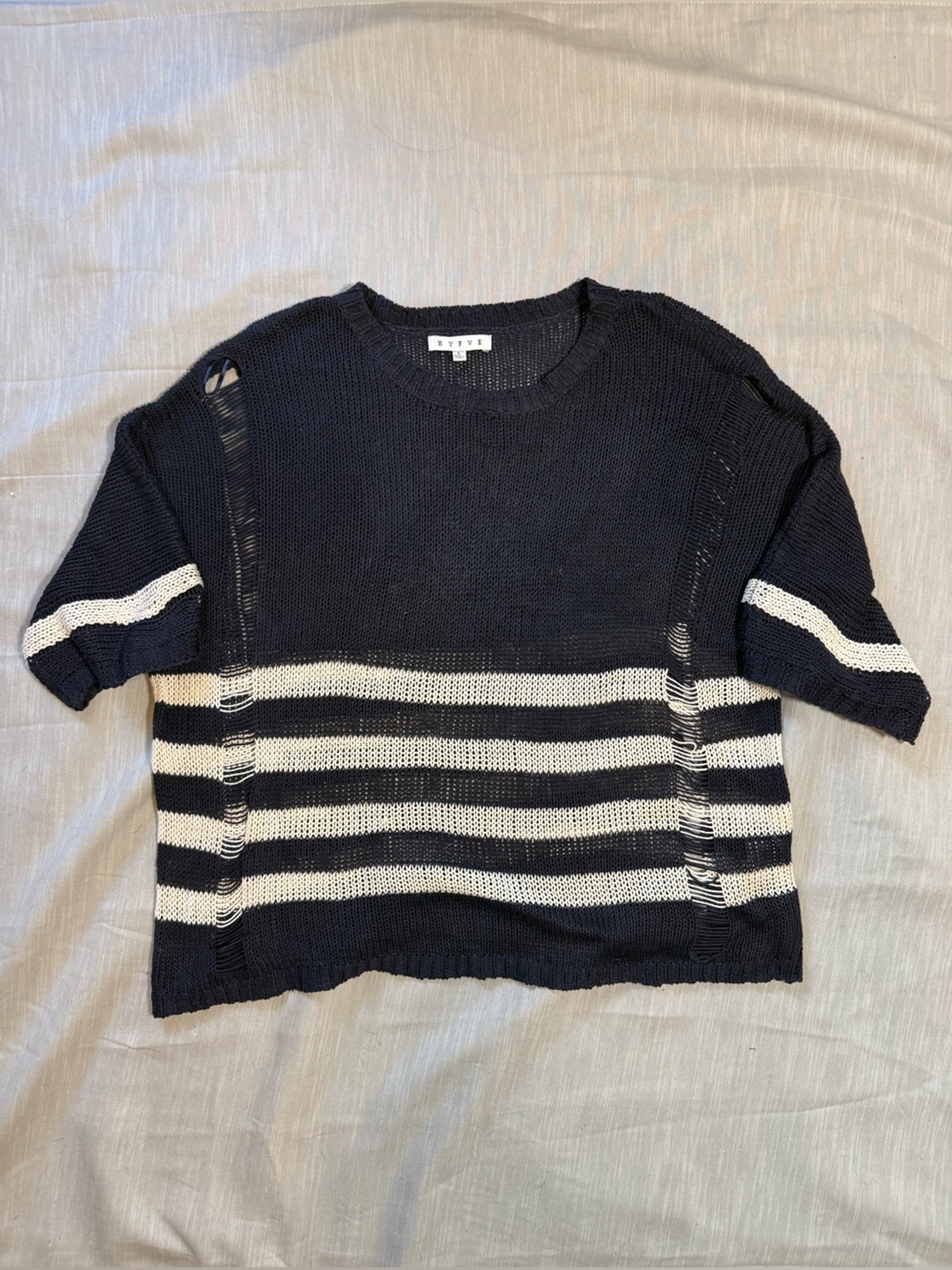 Buckle Hyfve Navy White Striped Shredded Open Weave Short Sleeve Sweater Top